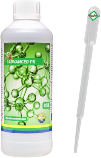 Advanced Hydroponics Advanced PK Pflanzendünger 0,5 Liter Flasche inklusive einer Pipette mit Weedness Logo.