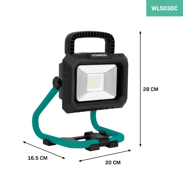 VONROC Kabellose Arbeitsleuchte 20V- LED - 20W - 2 Stufen: 900/1800 Lumen - neigbar - breiter Abstrahlwinkel - Ohne 2,0Ah-Akku und Schnellladegerät