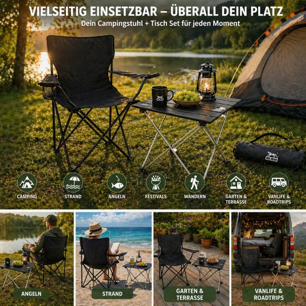 Campingstuhl und Klapptisch Set von Big Dean für Camping, Strand, Angeln, Festivals, Wandern, Garten oder Roadtrips in einer Naturumgebung.