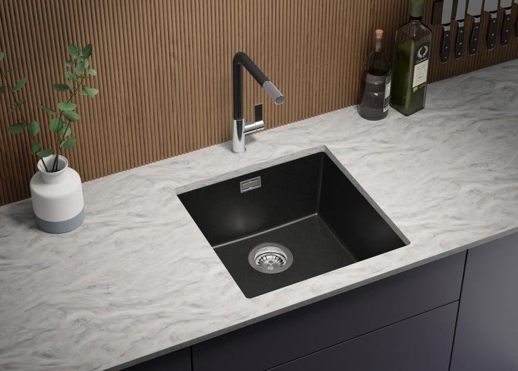 PRIMAGRAN Unterbauspüle Granit Alles Schwarz 46x47cm, Spülbecken 1 Becken + Ablauf-Set, Granitspüle ab 50er Unterschrank - London