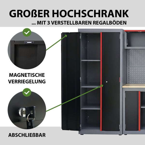 Hoher Werkzeugschrank mit Magnetverschluss, abschließbar und mit drei verstellbaren Einlegeböden
