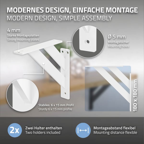 ML-Design 2 Stück Regalhalterung 180x180 mm, Weiß, Aluminium, Schwebende Regalhalterungen, Regalwinkel, Wandhalterung für Regalbrett, Regalträger für Wandmontage, Wandregal Wandkonsole Regalstütze