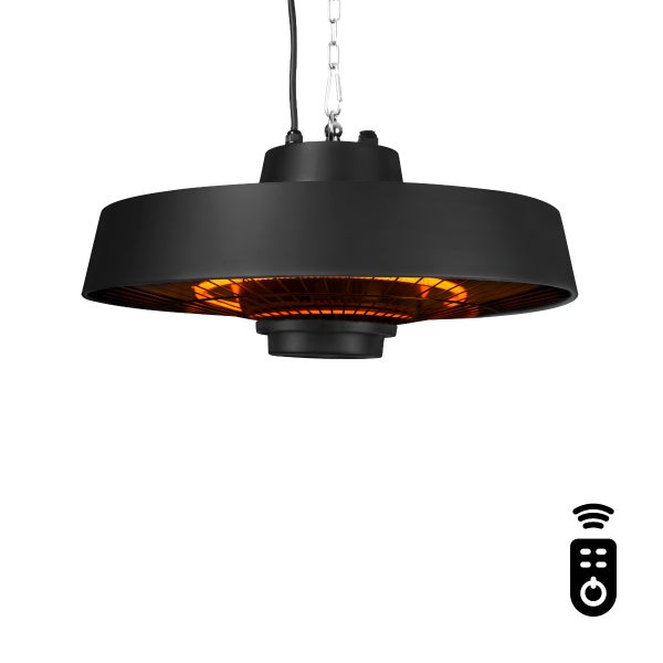 Schwarzer Infrarot-Terrassenstrahler zum Aufhängen mit Fernbedienung.