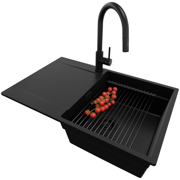 PRIMAGRAN Granitspüle Alles Schwarz 78x50cm, Spülbecken 1 Becken + Küchenarmatur 40x20cm + Ablauf-Set + Aufrollbare Abtropffläche, Küchenspüle ab 50er Unterschrank - San Francisco
