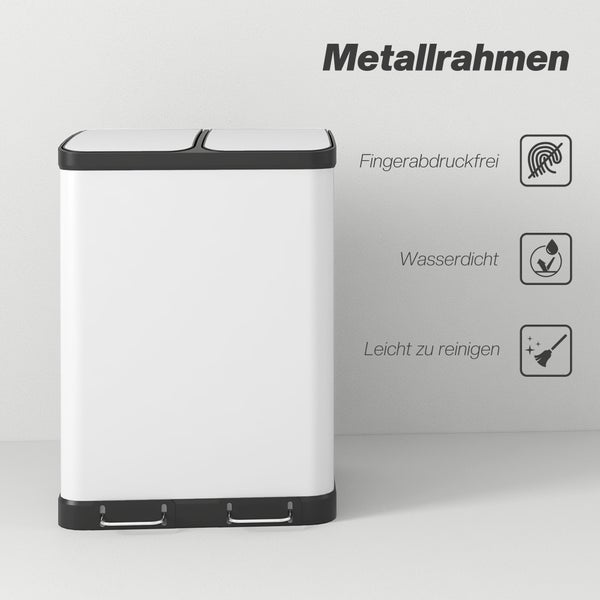 Abfalleimer mit zwei Fächern und Trittpedalen, Metallrahmen, unempfindlich gegen Fingerabdrücke, wasserdicht und leicht zu reinigen.