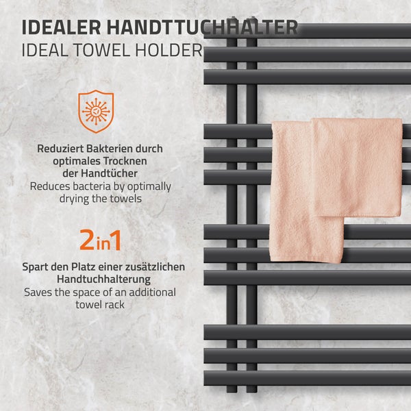 ECD Germany Iron EM Design Badheizkörper Elektrisch 500 x 1000 mm Anthrazit mit Heizstab 600W Chrom Große Leistung - Designheizkörper Paneelheizkörper Heizkörper Handtuchwärmer Handtuchtrockner