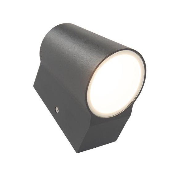Moderne anthrazitfarbene LED-Außenwandleuchte aus Metall mit zylindrischem Kopf und integriertem Leuchtmittel.