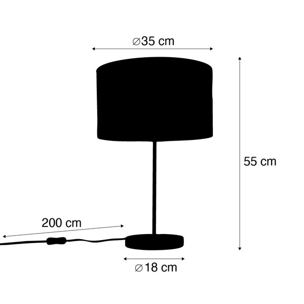 Silhouette einer Tischleuchte mit Maßangaben: Höhe 55 Zentimeter, Schirmdurchmesser 35 Zentimeter, Fußdurchmesser 18 Zentimeter, Kabellänge 200 Zentimeter.