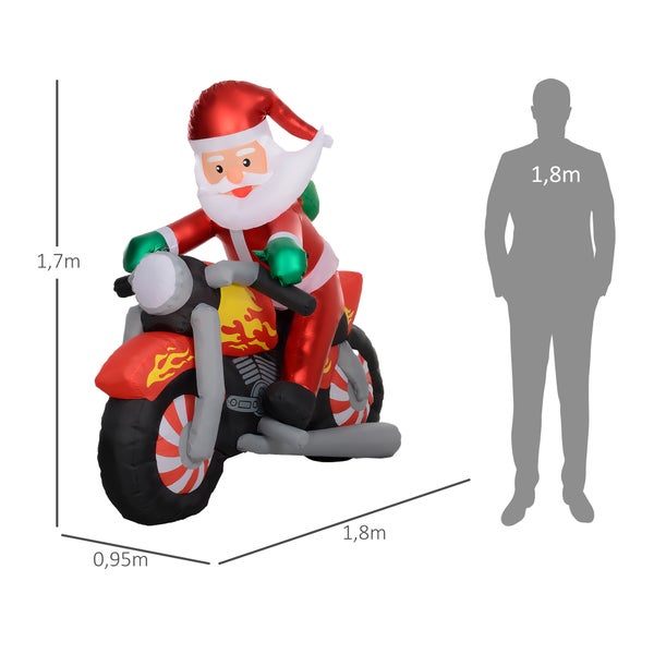 Aufblasbarer Weihnachtsmann auf einem Motorrad, Höhe 1,7 Meter, Breite 0,95 Meter, Länge 1,8 Meter, Größenvergleich mit einer Person.