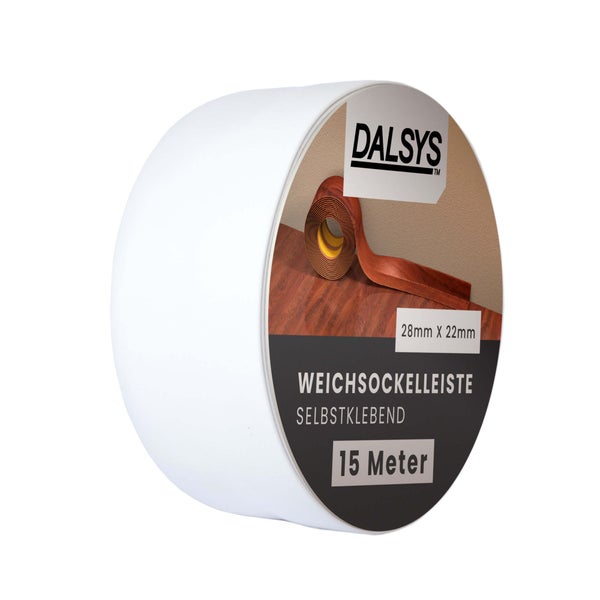 Dalsys Weichsockelleiste selbstklebend, 28 mal 22 Millimeter, 15 Meter Rolle.