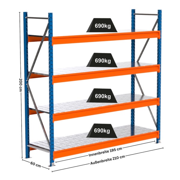 Lagerregal mit vier Ebenen und einer Traglast von 690 kg pro Ebene