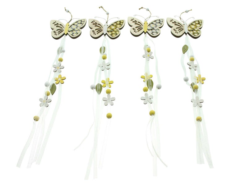 FRANK FLECHTWAREN | Hänger Schmetterling, 4er Set, HOLZ, ORGANZA, METALL, JUTE, 10,5 x 0,5 x 50 cm