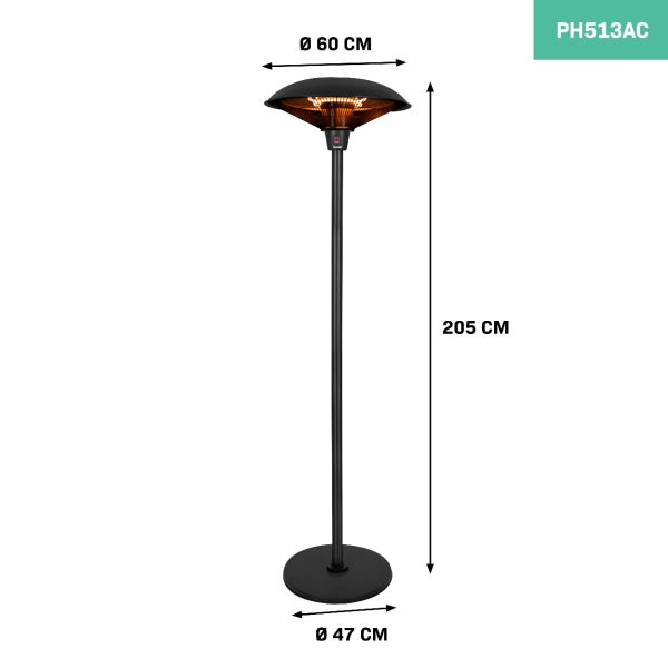 Schwarzer Stand-Terrassenheizstrahler mit Maßen: Höhe 205 Zentimeter, Schirmdurchmesser 60 Zentimeter und Standfußdurchmesser 47 Zentimeter.