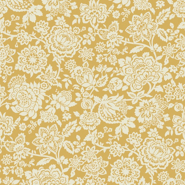 Tapete mit einem dichten floralen Muster aus stilisierten Blüten und Blättern in klassischem Design