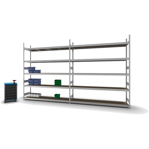 PROREGAL Weitspannregal Stecksystem T-Profil Grundregal HxBxT 300x250x60 cm 5 Ebenen Spanplatten Fachboden Fachlast 350 kg Verzinkt