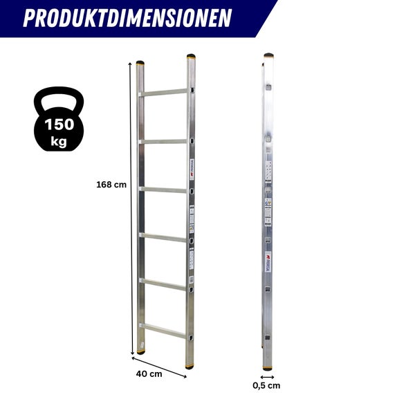 Produktdarstellung einer Aluminiumleiter mit den Maßangaben 168 cm Höhe, 40 cm Breite und 0,5 cm Tiefe sowie einer maximalen Belastbarkeit von 150 kg.