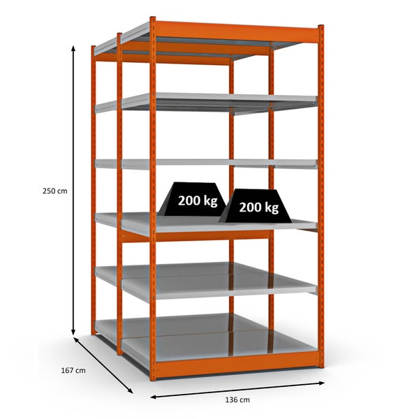 PROREGAL Fachbodenregal Stecksystem Vierkant-Profil Grundregal HxBxT 250 x 132,5 x 80 cm 2x6 Ebenen Doppelseitige Bauart Fachlast 200 kg Orange