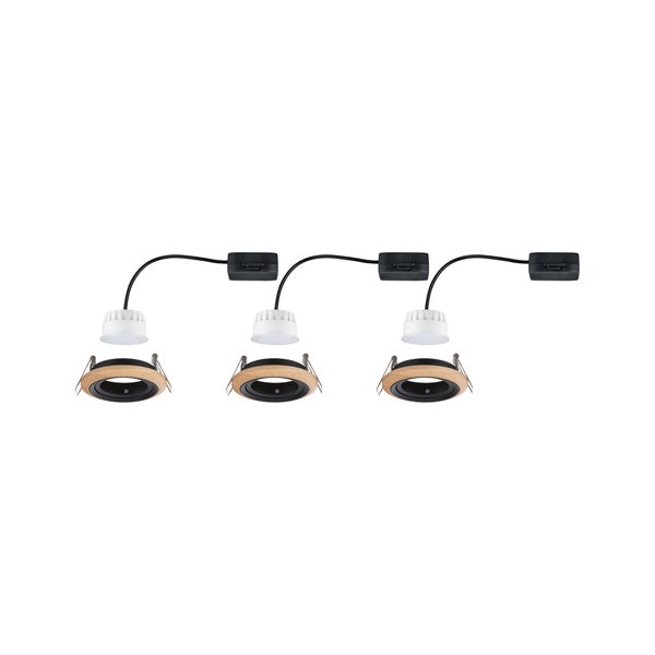 Set aus drei runden LED Einbaustrahlern mit Holzoptik Ring und integrierten Anschlussboxen für die Deckenmontage