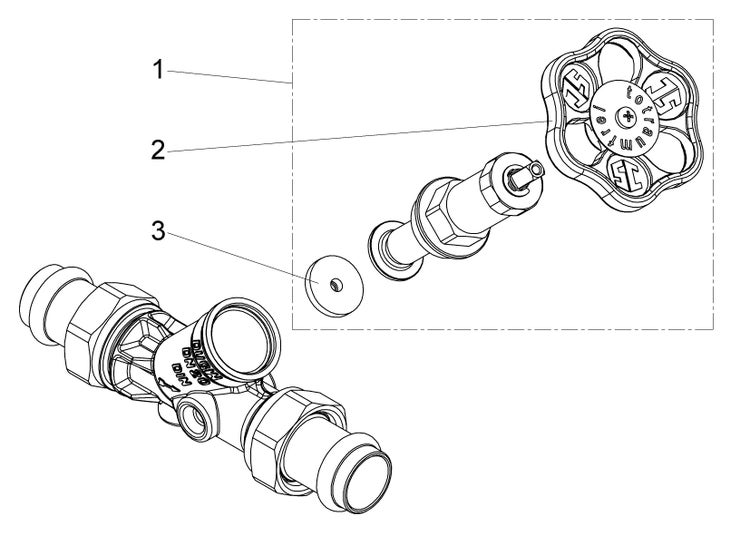 Technische Zeichnung eines Schrägsitzventils mit Explosionsdarstellung der nummerierten Ersatzteile Handrad, Ventiloberteil und Dichtung.
