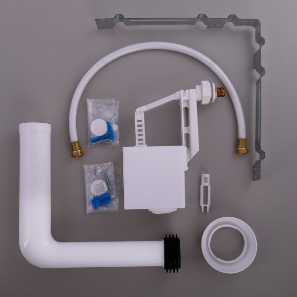 Toiletten-Spülkasten-Set mit Füllventil, Spülrohr, Flexschlauch, Montagematerial und Metallhalterung.