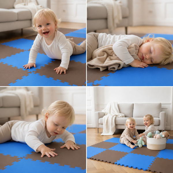 Kleinkind auf einer Puzzlematte aus Schaumstoff im Wohnzimmer, rutschfester Bodenbelag als Spielmatte für Kinder.