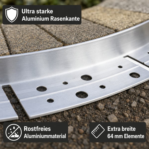 Ultra starke Rasenkante aus Aluminium, rostfrei, mit 64 Millimeter breiten Elementen für die Gartengestaltung.