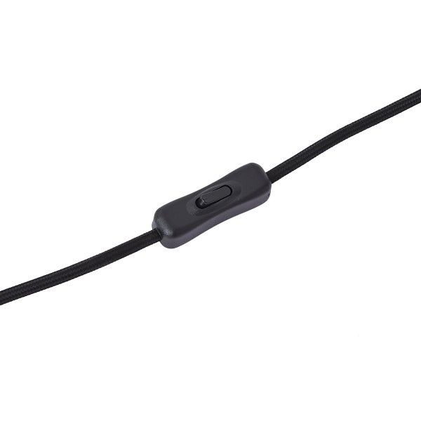 Schwarzer Schnurzwischenschalter an einem textilummantelten Kabel für Lampen.