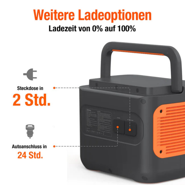 Jackery Powerstation Explorer 2000 Pro beim Camping im Freien, Kind bedient das Gerät auf einer Kühlbox, helles Ambiente mit Tisch und Toaster.
