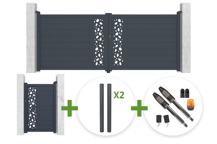 Komplettset bestehend aus zweiflügeligem Einfahrtstor, Gartentür, zwei Pfosten und elektrischem Drehtorantrieb mit Zubehör.