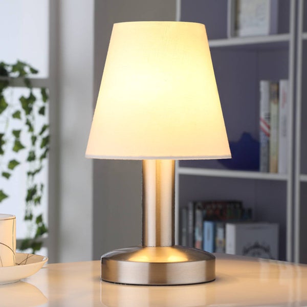 Lindby Tischlampe mit Touchfunktion, Tischleuchte Stoffschirm weiß Nachttischlampe Nickel satiniert 1x E14 max. 40W ohne Leuchtmittel Wohnzimmer Schlafzimmerlampe