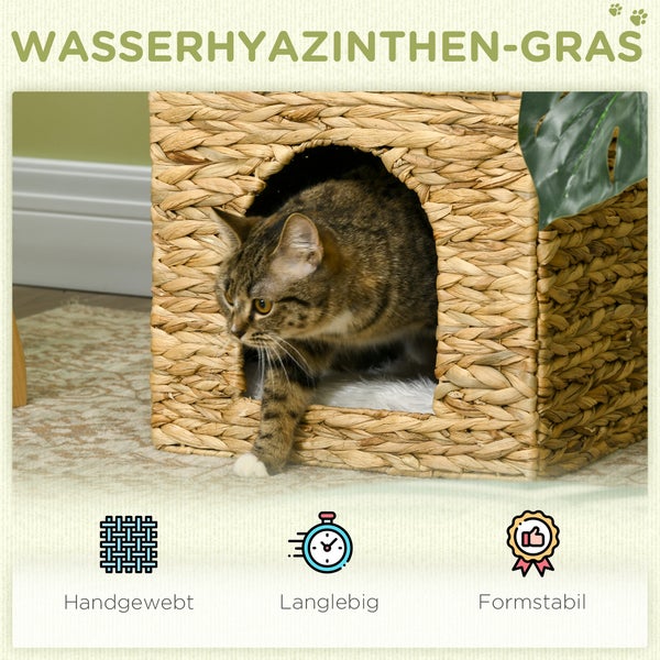 Katze betritt ein Katzenhaus aus Wasserhyazinthe