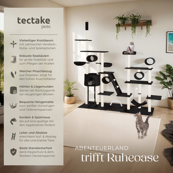 Kratzbaum tectake Snooky inklusive 2 Treppen, 2 Spielkordeln, Kratzbogen, Deckenspanner und Kippschutz 234 bis 261 cm schwarz
