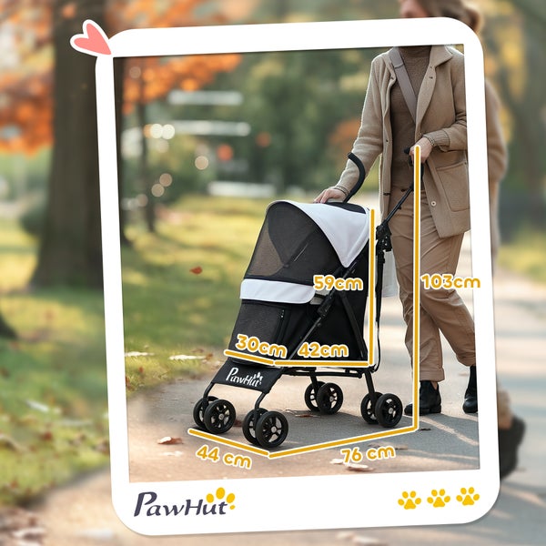 PawHut Hundewagen Hundebuggy klappbar für Hunde & Katzen bis 4 kg Katzenbuggy mit Netzfenstern, Schultergurt, Aufbewahrungstasche, Becherhalter Regenschirm Katzenwagen Hellgrau