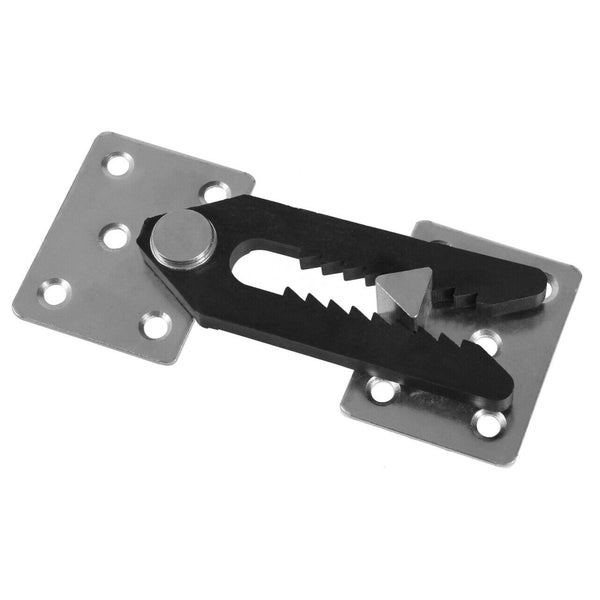 Ein verstellbarer Bettbeschlag mit Metallplatten und einem gezahnten Arretierungselement aus Kunststoff.