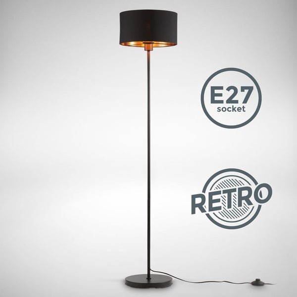 Stehlampe - Schalter, Stoffschirm, E27 Fassung, max. 40W, Schwarz-Gold