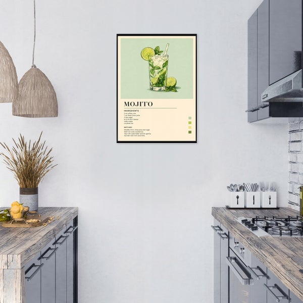 Wandbild mit Mojito Rezept Illustration in einem modernen Küchenraum