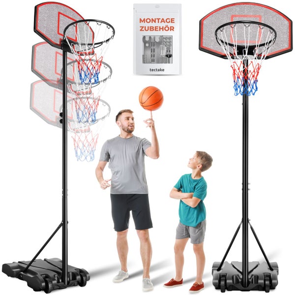 Männer und Kind mit einem Tectake Basketballkorb, höhenverstellbar und inklusive Montagezubehör.