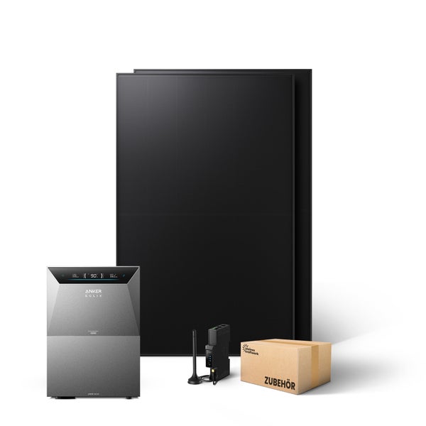 Komplettset Balkonkraftwerk mit zwei schwarzen Solarmodulen, Anker SOLIX Solarbank Speicher, Mikrowechselrichter und Zubehörkarton.