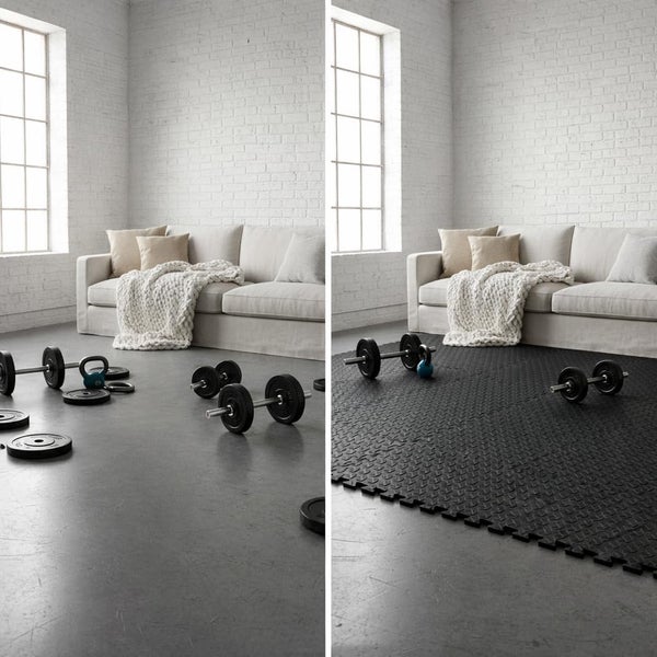 Vorher Nachher Vergleich von Fitnessgeräten auf hartem Boden und auf einer schützenden Steckmatte in einem Wohnzimmer mit Sofa und Fenster.