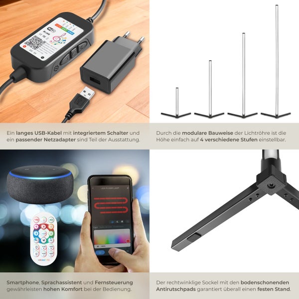 Produktbild einer LED-Stehlampe mit Zubehör, bestehend aus einem langen USB-Kabel mit integriertem Schalter, einem passenden Netzadapter, einer Fernbedienung, einem Sprachassistenten, einem Smartphone und einem rechtwinkligen Sockel mit Antirutschpads.
