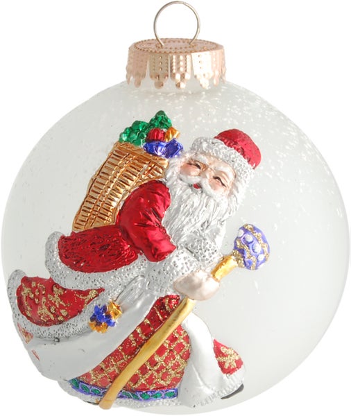 Weiß matt 10cm Glaskugel mit 3D-Santadekoration (1 Stück), 1 Stck., Weihnachtsbaumkugeln, Christbaumschmuck, Weihnachtsbaumanhänger