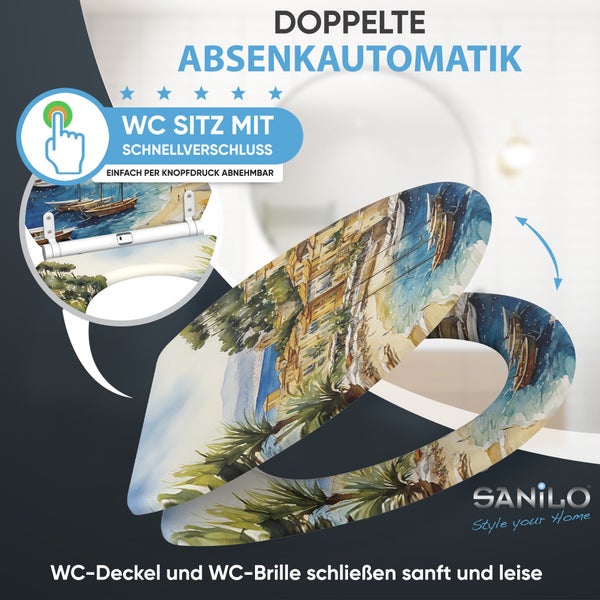 Sanilo WC Sitz mit Absenkautomatik und Schnellverschluss mit maritimen Motiv und Sanilo Logo