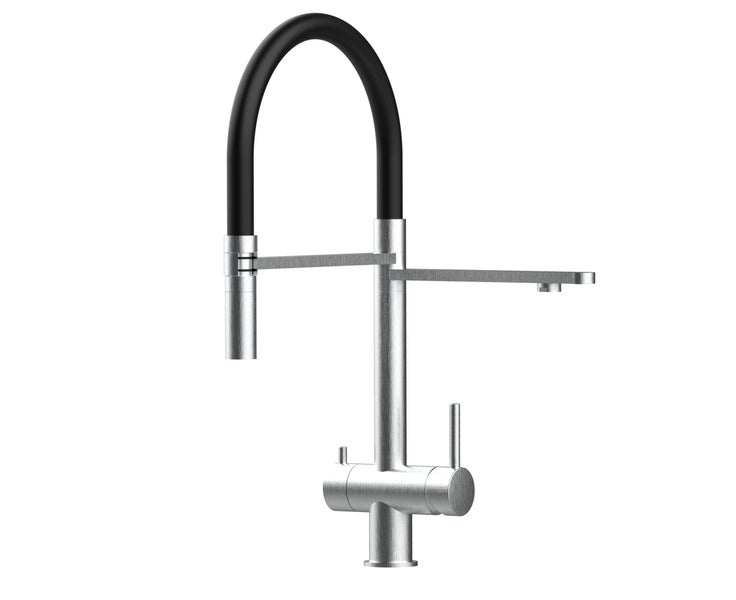 NIEDERDRUCK 3 Wege Wasserhahn Küchenarmatur, Edelstahl Massiv mit 360° schwenkbarem Auslauf, abnehmbare 2 strahl Handbrause, Gebürstet / Schwarz