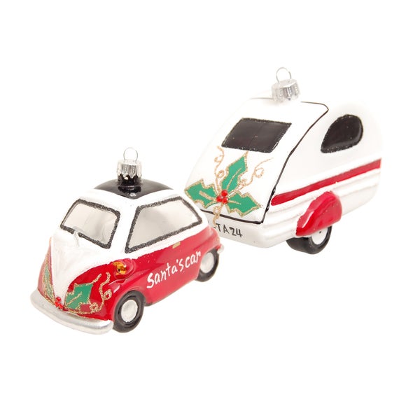 Glasornament Santa Auto & Anhänger Set, Rot/Weiss Glanz, 8cm, 2 Stck., Weihnachtsbaumkugeln, Christbaumschmuck, Weihnachtsbaumanhänger