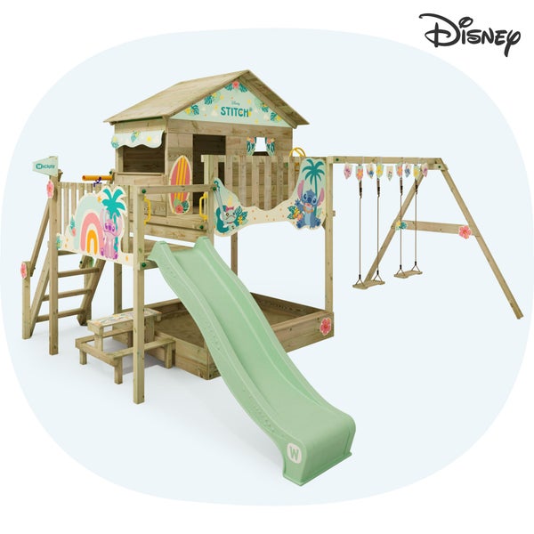 WICKEY Spielturm Disney Stitch Quest mit Rutsche, Picknicktisch und Doppelschaukel