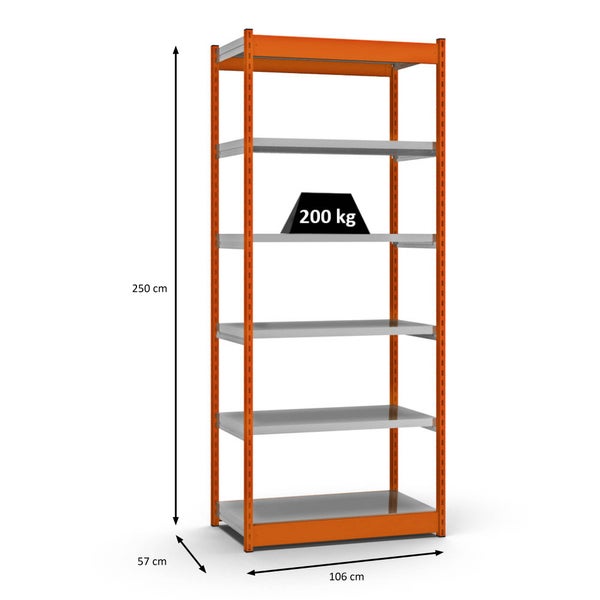 PROREGAL Fachbodenregal Stecksystem Vierkant-Profil Grundregal HxBxT 250 x 102,5 x 50 cm 6 Ebenen Einseitige Bauart Fachlast 200 kg Orange