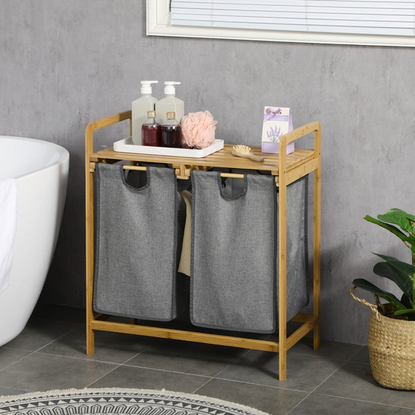 HOMCOM Bambus Wäschekorb 2 Fächer Wäschesammler mit Griff, 2 abnehmbaren Wäschesacke, Plattform, Wäschebox Wäschesortierer für Waschküche Schlafzimmer Badezimmer Natur+Grau
