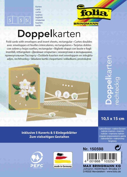 Folia Klappkarten/Doppelkarten für Einladungen, Glückwunsch- oder Grußkarten, 10,5x15cm, natron-braun, 5 Karten + Kuverts + Einlagen