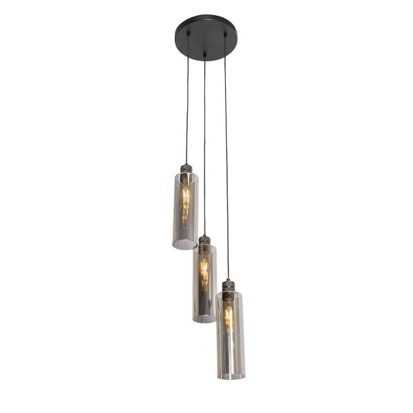 Dreiflammige Pendelleuchte in Schwarz mit zylindrischen Schirmen aus Rauchglas und runder Deckenhalterung.