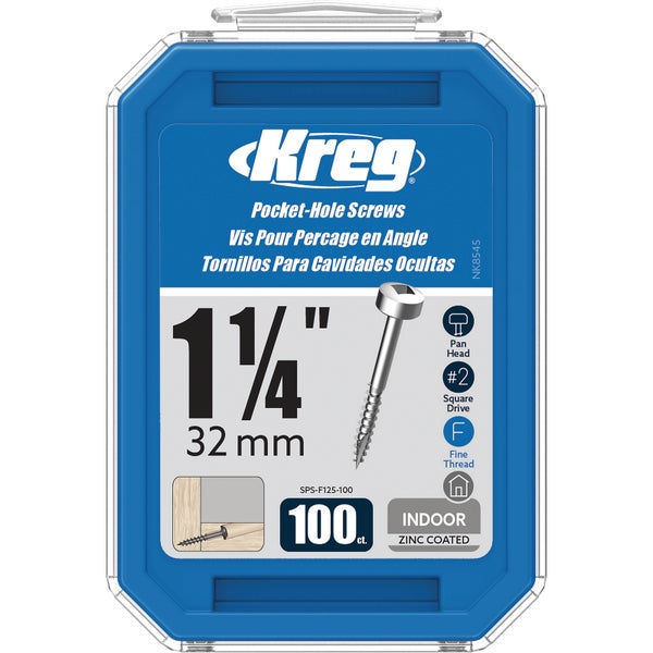 Kreg Logo, Pocket-Hole-Schrauben 32 Millimeter, 100 Stück, Linsenkopf, Quadrat-Antrieb Nummer 2, Feingewinde, verzinkt, für den Innenbereich.